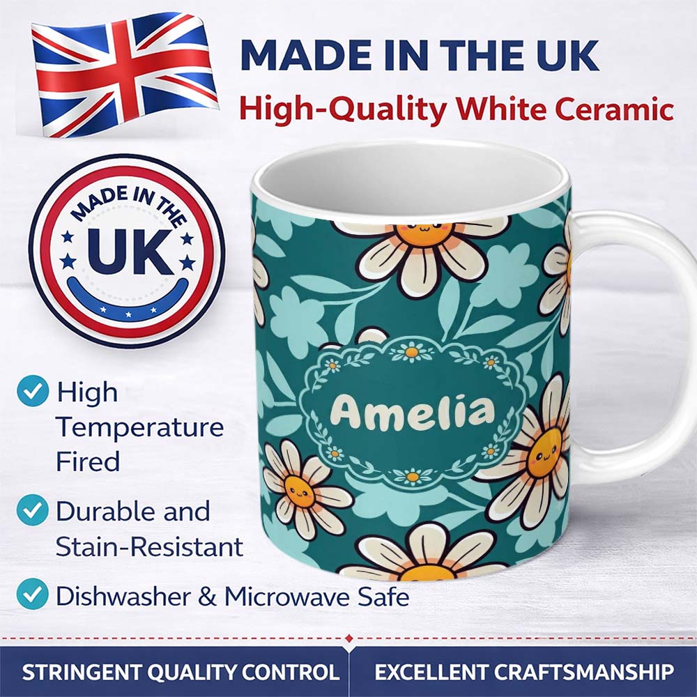 Personalized Custom Name Cute Kawaii Daisy Flowers Dark Teal Seamless Pattern Name Unique 11oz Ceramic Coffee Tea Mug White Large Handle