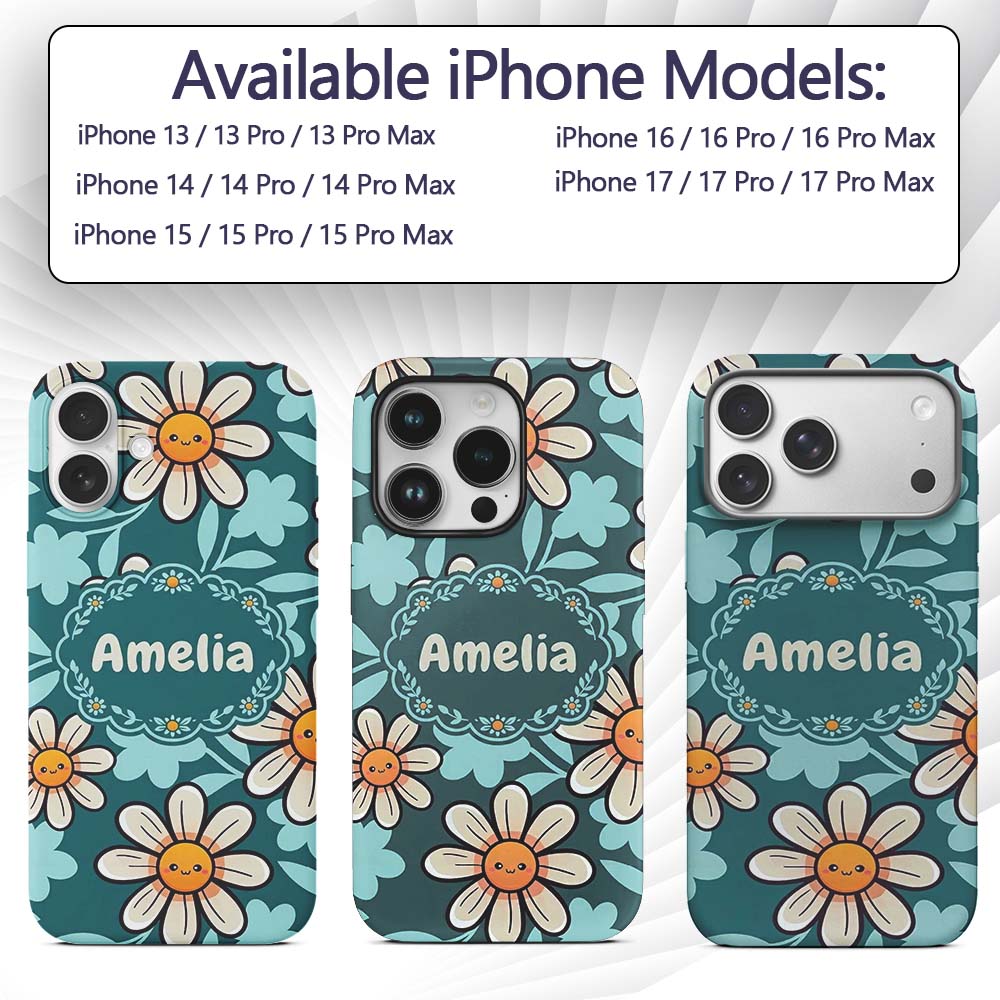 Cute Kawaii Daisy Flowers Dark Teal Seamless Custom Name Protective Phone Case Mobile Cover Durable Everyday Smartphone Shock Resistant