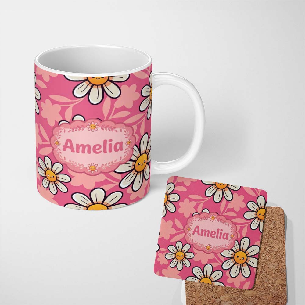 Personalized Custom Name Cute Kawaii Daisy Flowers Pink Background Seamless Pattern Name 11oz Ceramic Coffee Tea Mug White Large Handle