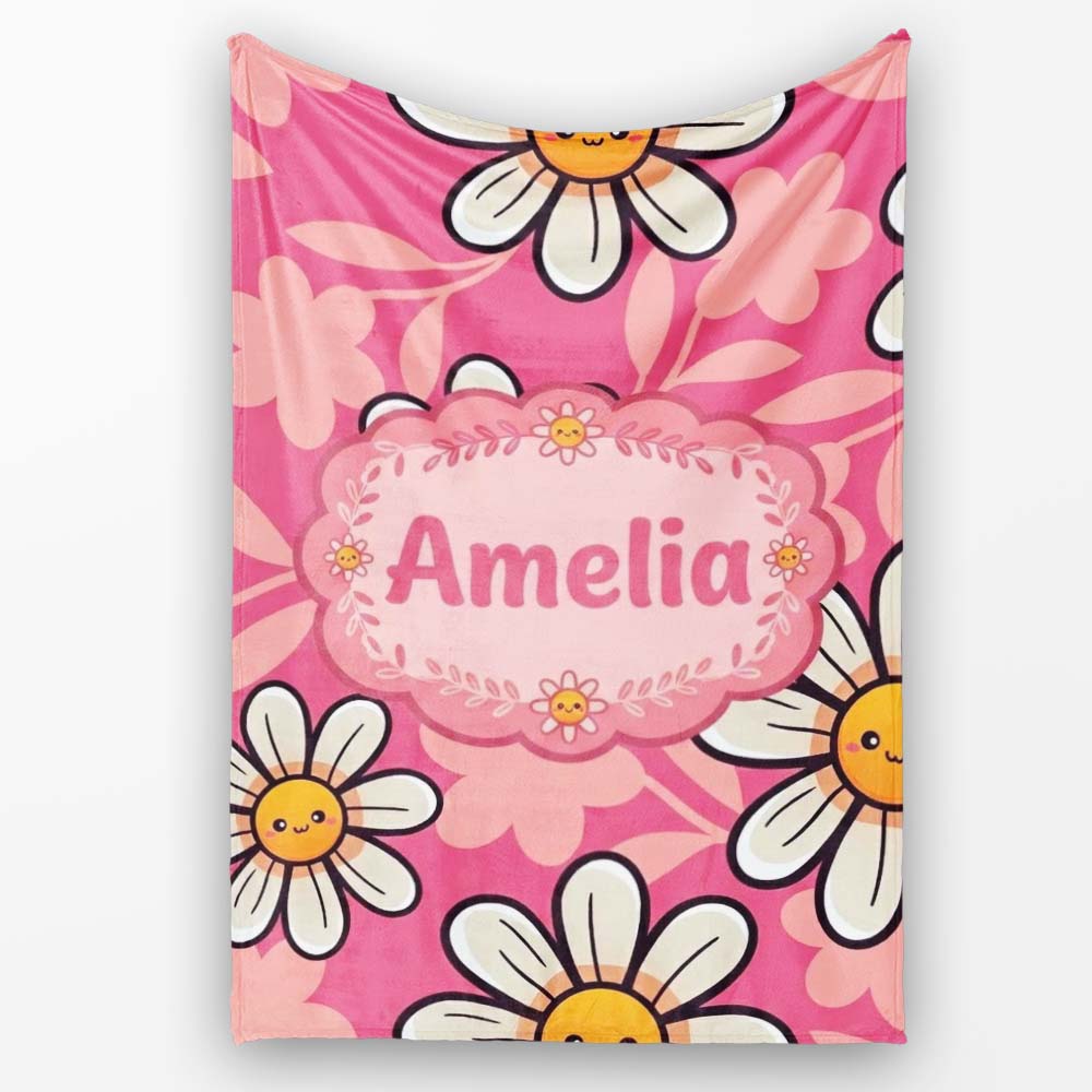 Cute Kawaii Daisy Flowers Pink Background Seamless Pattern Name Personalised Custom Name Super Soft Fleece Blanket Bed Sofa Throw