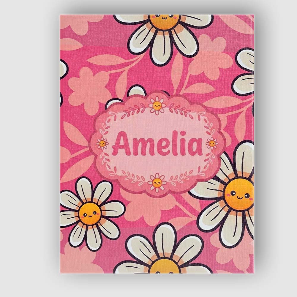 Personalised Name Cute Kawaii Daisy Flowers Custom Bespoke Interior Contemporary Canvas Wall Art Print Decor Picture Ready to Hang