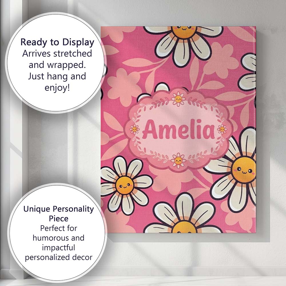 Personalised Name Cute Kawaii Daisy Flowers Custom Bespoke Interior Contemporary Canvas Wall Art Print Decor Picture Ready to Hang
