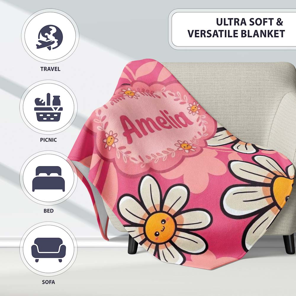 Cute Kawaii Daisy Flowers Pink Background Seamless Pattern Name Personalised Custom Name Super Soft Fleece Blanket Bed Sofa Throw