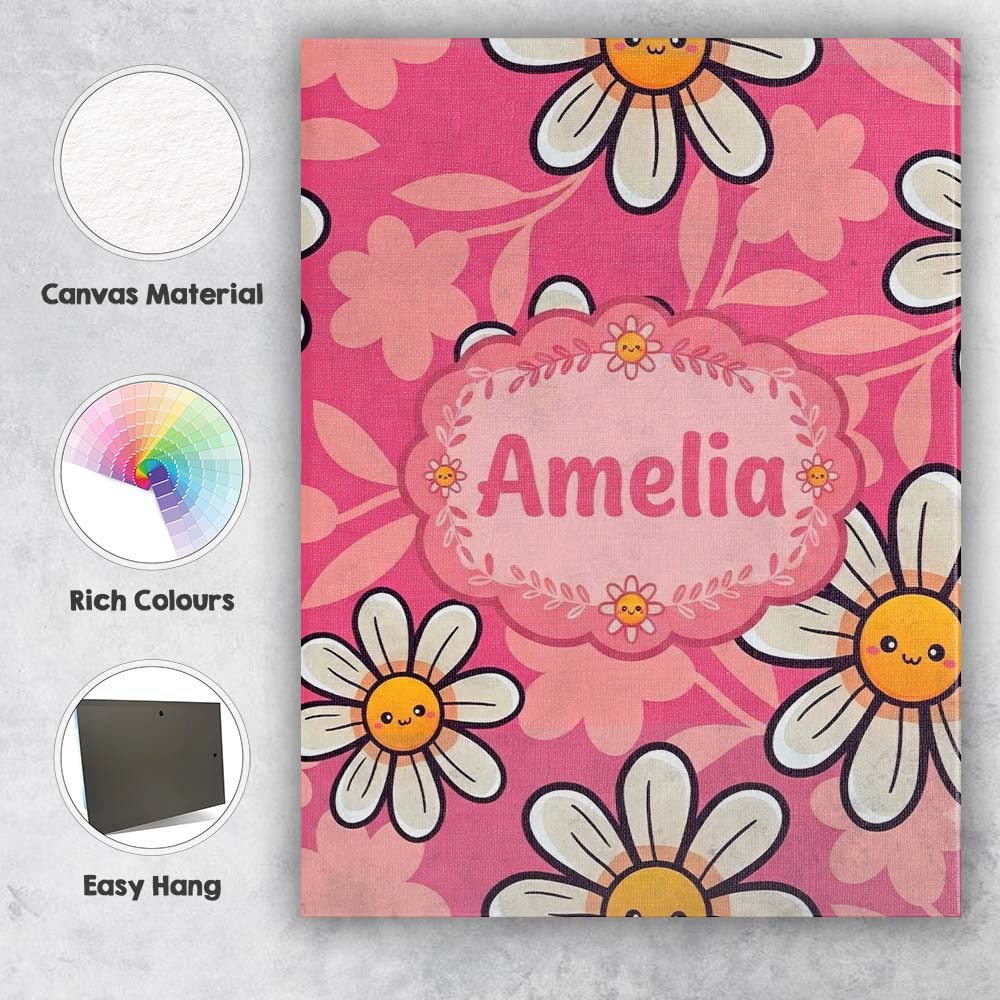 Personalised Name Cute Kawaii Daisy Flowers Custom Bespoke Interior Contemporary Canvas Wall Art Print Decor Picture Ready to Hang