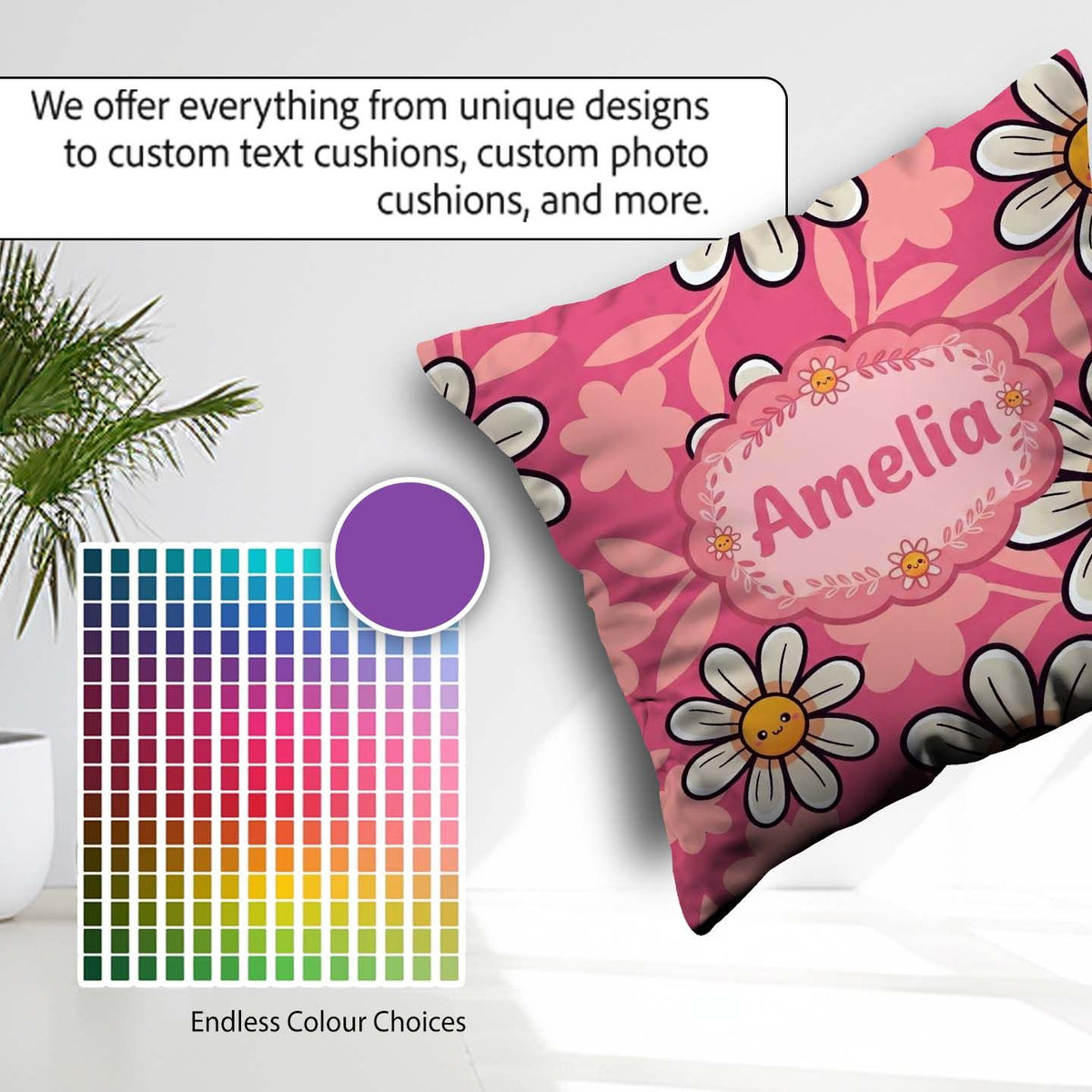 Custom Name Cute Kawaii Daisy Flowers Pink Seamless Pattern Name Square Filled Cushion Throw Pillow Sofa Bed Home Decor Zip Washable UK Made