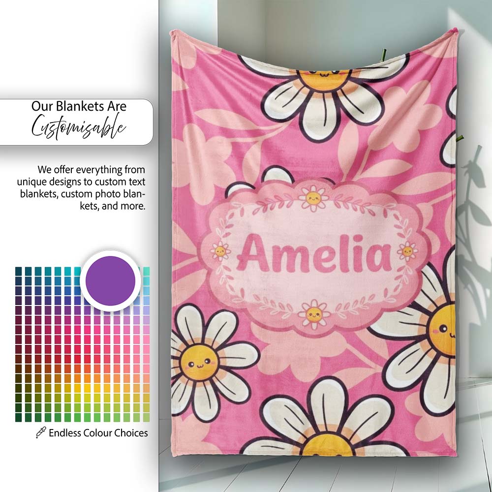 Cute Kawaii Daisy Flowers Pink Background Seamless Pattern Name Personalised Custom Name Super Soft Fleece Blanket Bed Sofa Throw