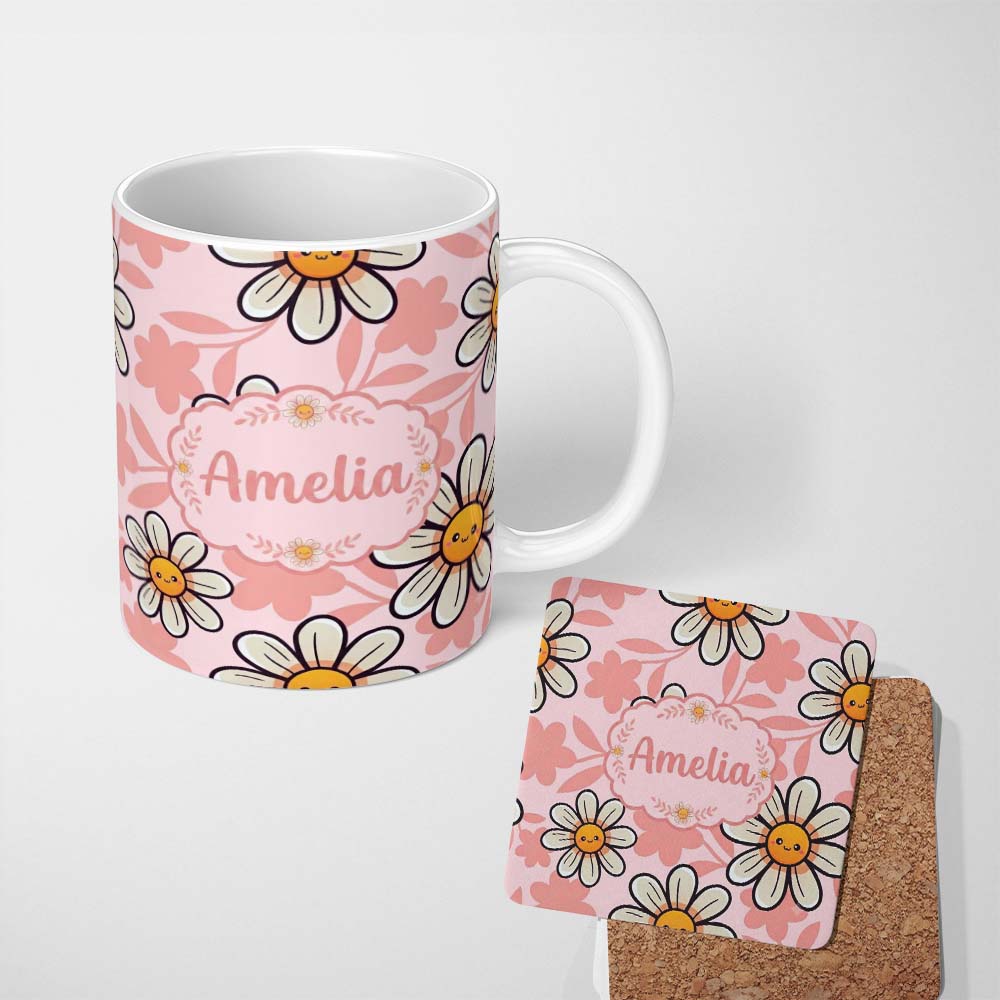 Personalized Custom Name Cute Kawaii Daisy Flowers Soft Pink Seamless Pattern Name Unique 11oz Ceramic Coffee Tea Mug White Large Handle