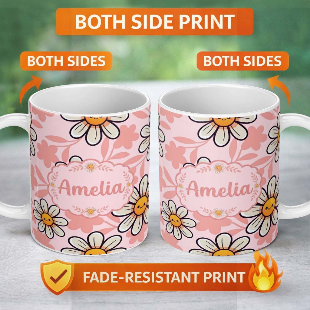 Personalized Custom Name Cute Kawaii Daisy Flowers Soft Pink Seamless Pattern Name Unique 11oz Ceramic Coffee Tea Mug White Large Handle