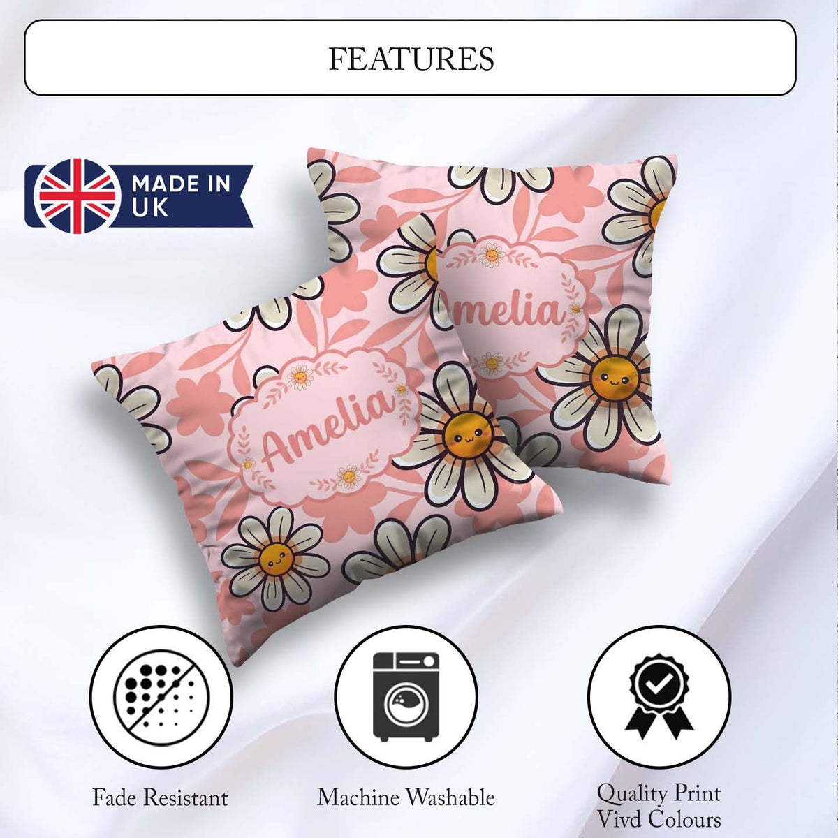 Custom Name Kawaii Daisy Flowers Soft Pink Seamless Pattern Name Square Filled Cushion Throw Pillow Sofa Bed Home Decor Zip Washable UK Made