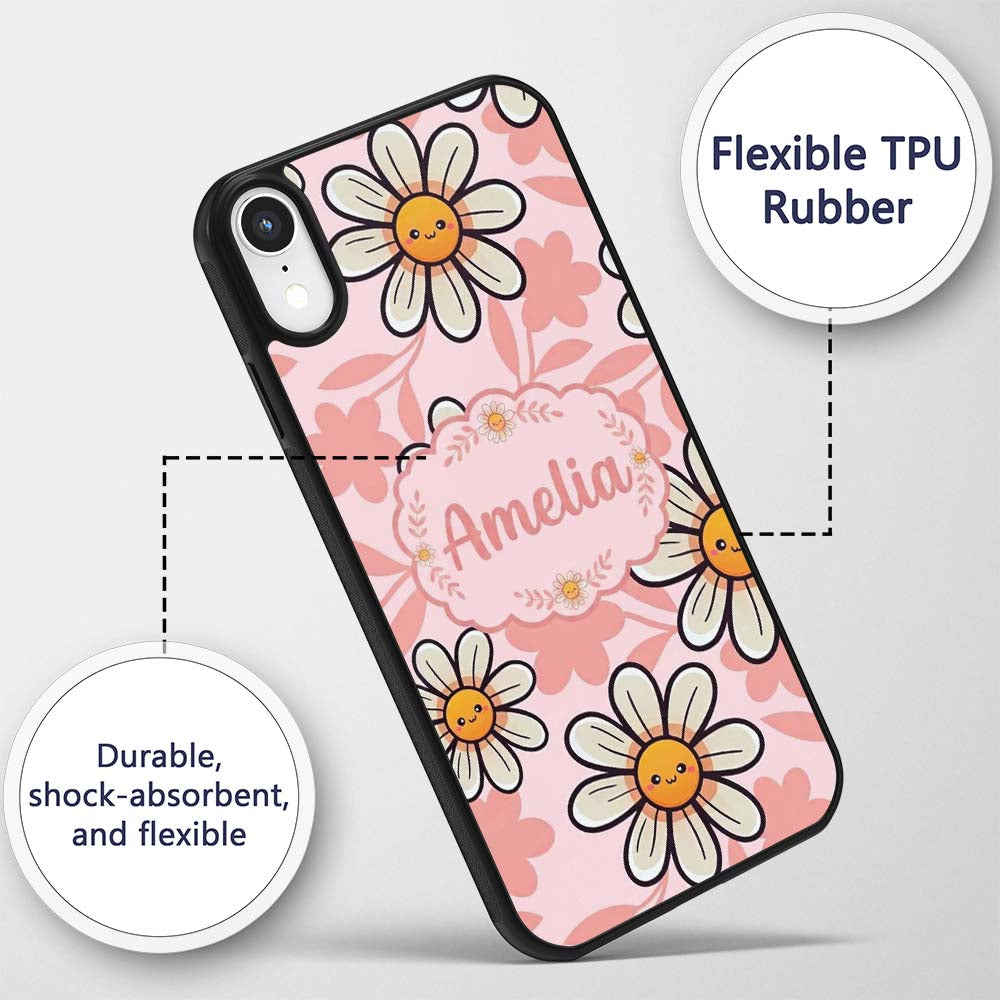 Cute Kawaii Daisy Flowers Soft Pink Seamless Custom Name Protective Phone Case Mobile Cover Durable Everyday Smartphone Shock Resistant