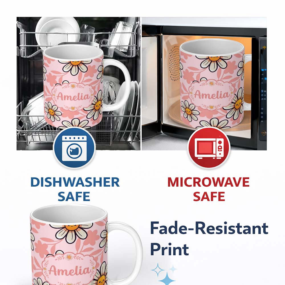 Personalized Custom Name Cute Kawaii Daisy Flowers Soft Pink Seamless Pattern Name Unique 11oz Ceramic Coffee Tea Mug White Large Handle