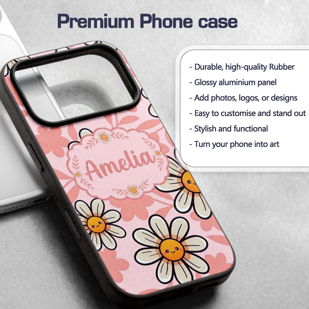 Cute Kawaii Daisy Flowers Soft Pink Seamless Custom Name Protective Phone Case Mobile Cover Durable Everyday Smartphone Shock Resistant