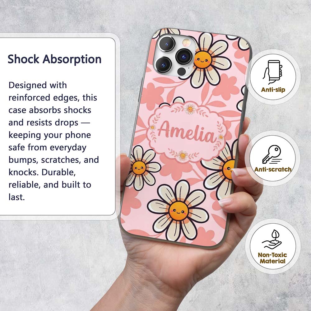 Cute Kawaii Daisy Flowers Soft Pink Seamless Custom Name Protective Phone Case Mobile Cover Durable Everyday Smartphone Shock Resistant