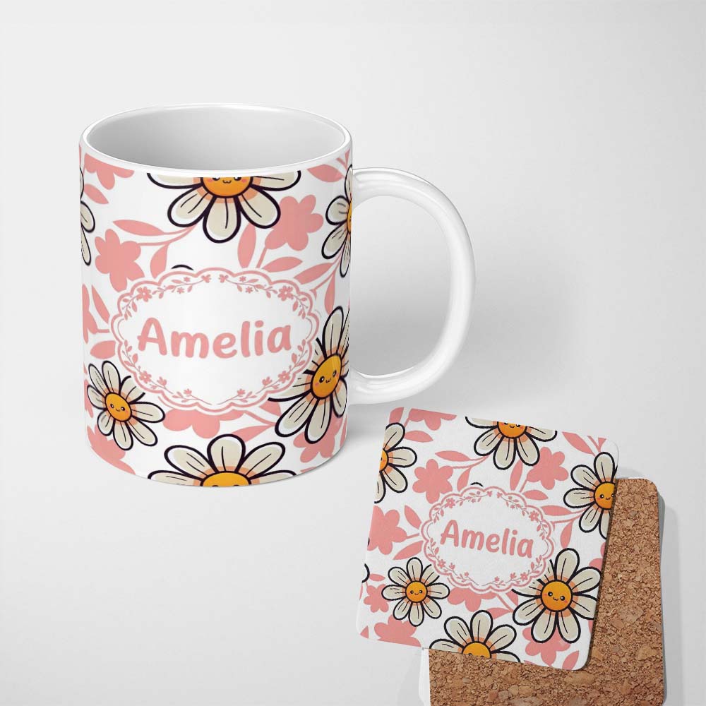 Personalized Custom Name Cute Kawaii Daisy Flowers Soft Pink Leaves Seamless Pattern Name 11oz Ceramic Coffee Tea Mug White Large Handle