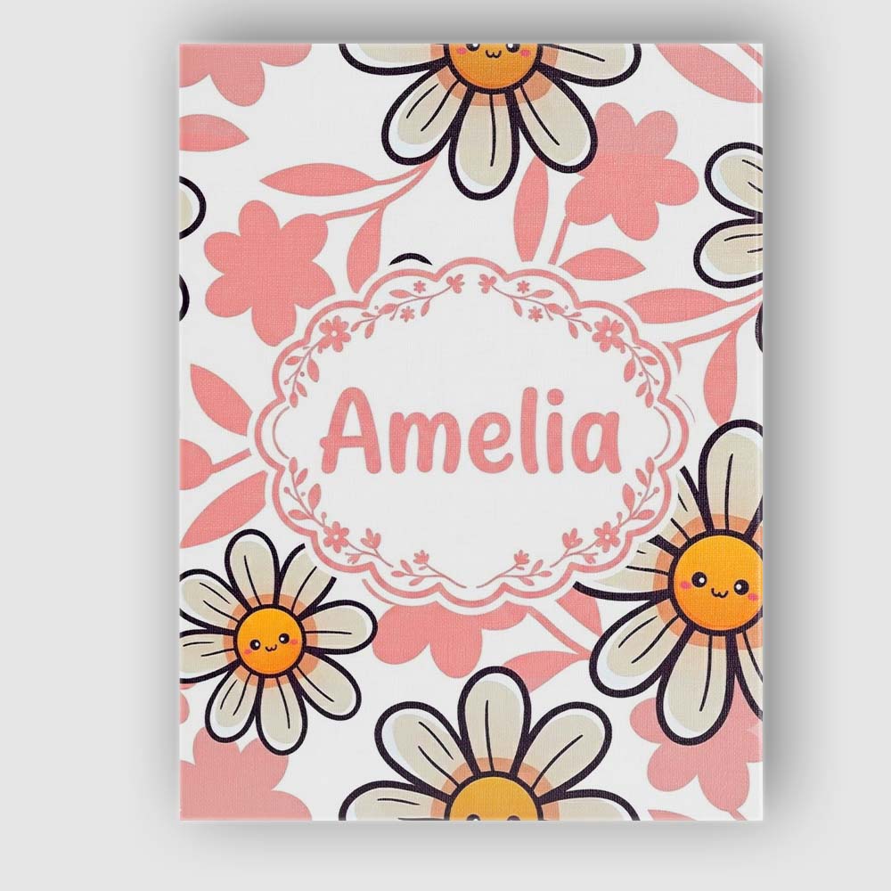Personalised Name Cute Kawaii Daisy Flowers Custom Bespoke Interior Contemporary Canvas Wall Art Print Decor Picture Ready to Hang