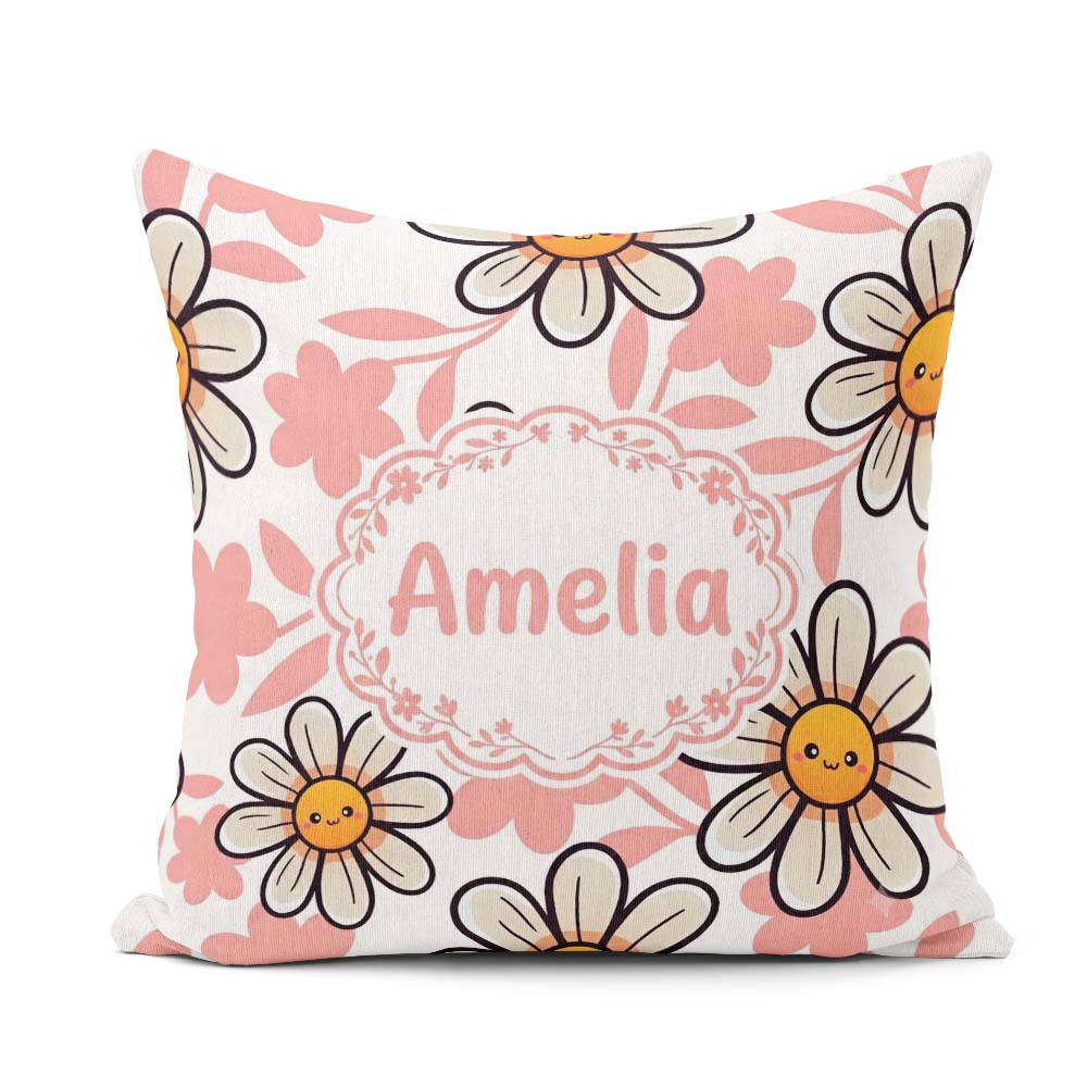 Custom Name Kawaii Daisy Flowers Soft Pink Seamless Pattern Name Square Filled Cushion Throw Pillow Sofa Bed Home Decor Zip Washable UK Made