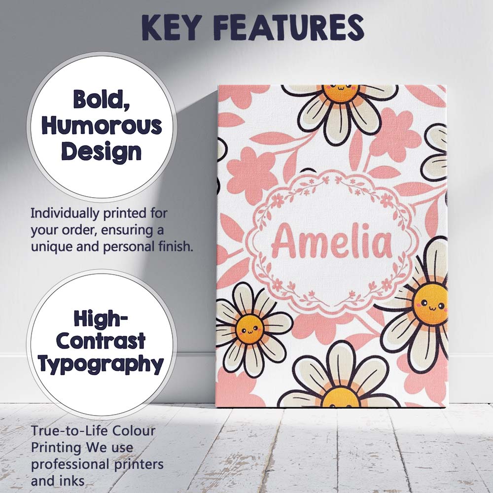 Personalised Name Cute Kawaii Daisy Flowers Custom Bespoke Interior Contemporary Canvas Wall Art Print Decor Picture Ready to Hang