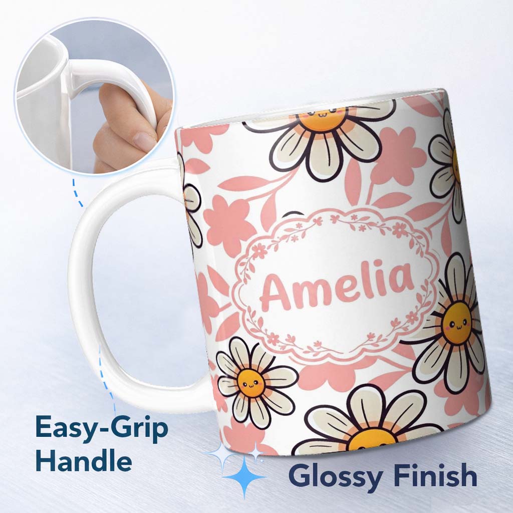 Personalized Custom Name Cute Kawaii Daisy Flowers Soft Pink Leaves Seamless Pattern Name 11oz Ceramic Coffee Tea Mug White Large Handle