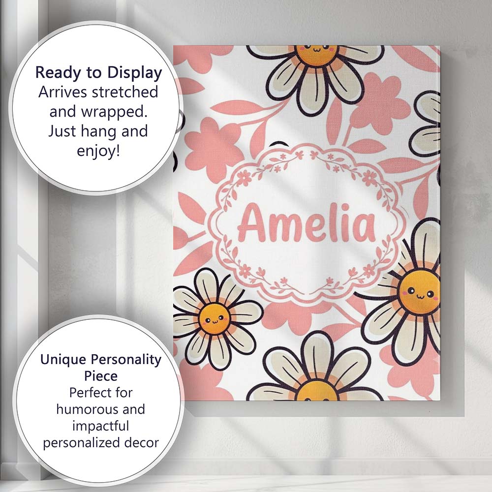 Personalised Name Cute Kawaii Daisy Flowers Custom Bespoke Interior Contemporary Canvas Wall Art Print Decor Picture Ready to Hang