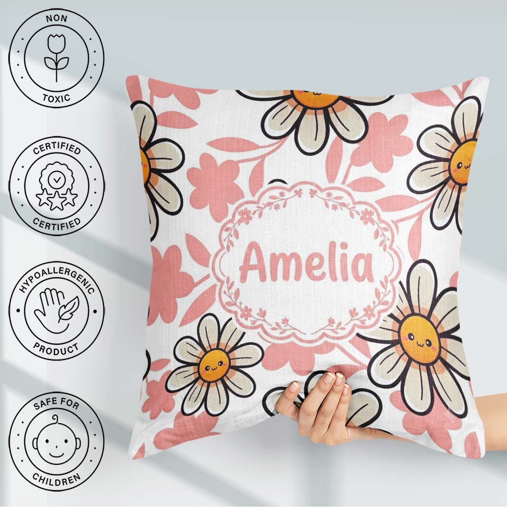Custom Name Kawaii Daisy Flowers Soft Pink Seamless Pattern Name Square Filled Cushion Throw Pillow Sofa Bed Home Decor Zip Washable UK Made