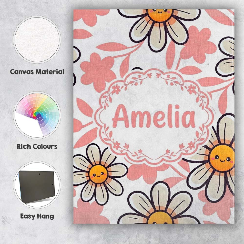 Personalised Name Cute Kawaii Daisy Flowers Custom Bespoke Interior Contemporary Canvas Wall Art Print Decor Picture Ready to Hang