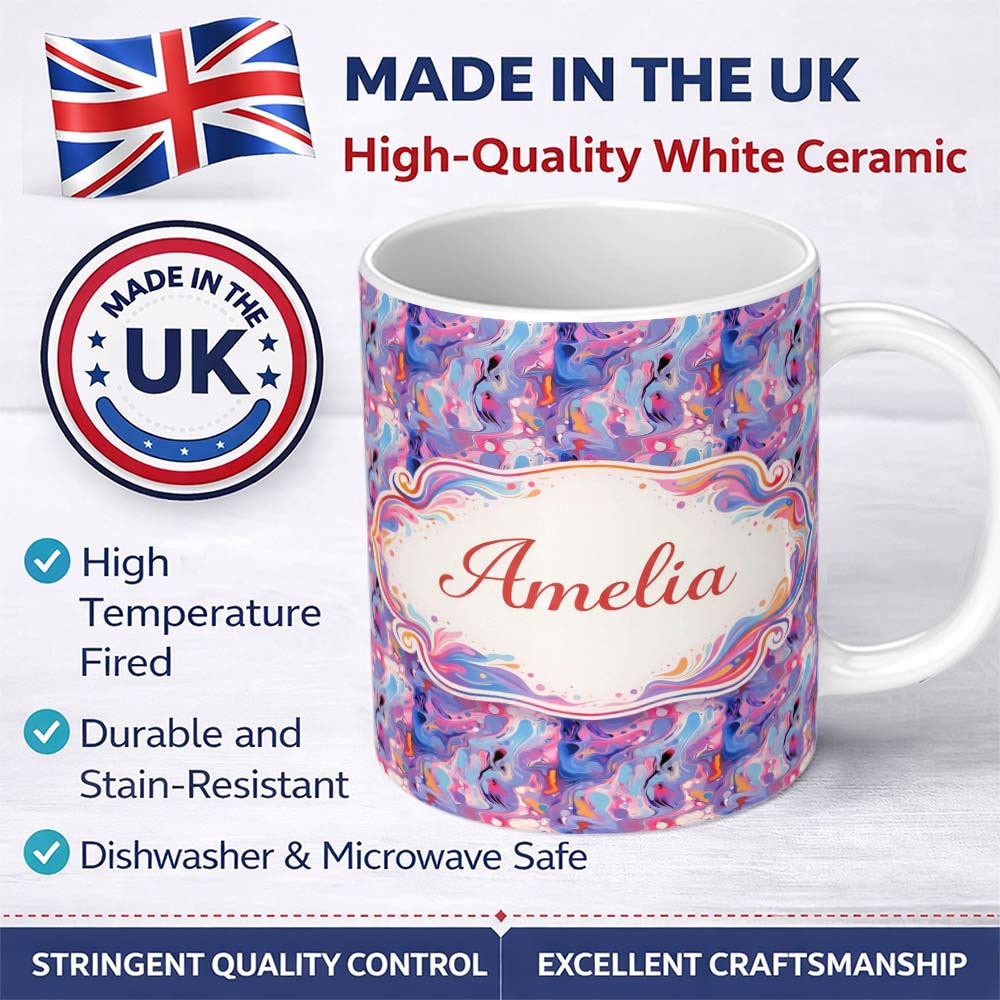 Personalized Custom Name Light Aqua Marble Vein Gold Effect Abstract Pattern Cute Unique Gift 11oz Ceramic Coffee Tea Mug White Large Handle