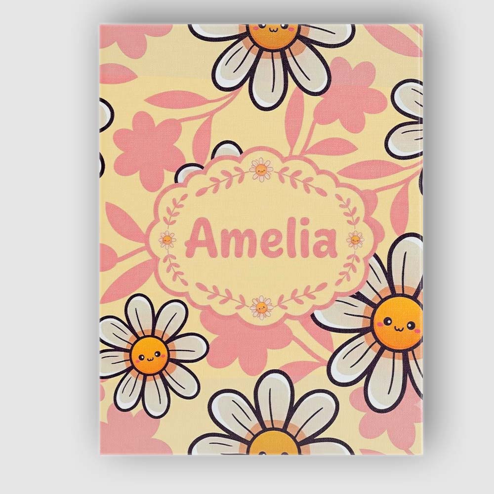 Personalised Name Cute Kawaii Daisy Flowers Custom Bespoke Interior Contemporary Canvas Wall Art Print Decor Picture Ready to Hang