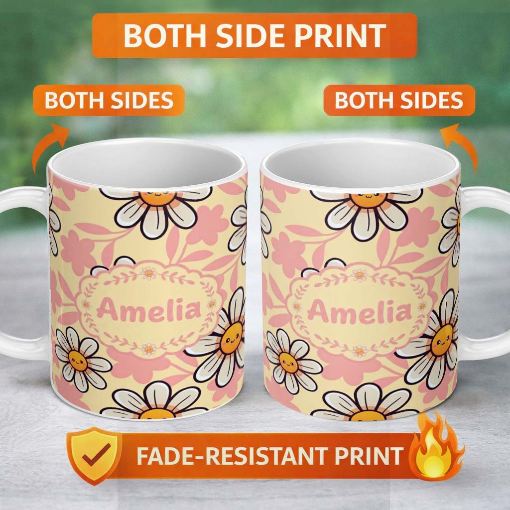 Personalized Custom Name Cute Kawaii Daisy Flowers Warm Beige Leaves Seamless Pattern Name 11oz Ceramic Coffee Tea Mug White Large Handle