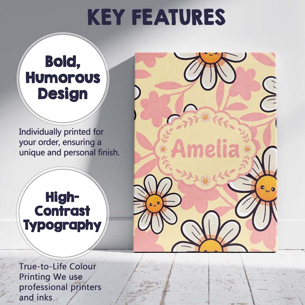 Personalised Name Cute Kawaii Daisy Flowers Custom Bespoke Interior Contemporary Canvas Wall Art Print Decor Picture Ready to Hang