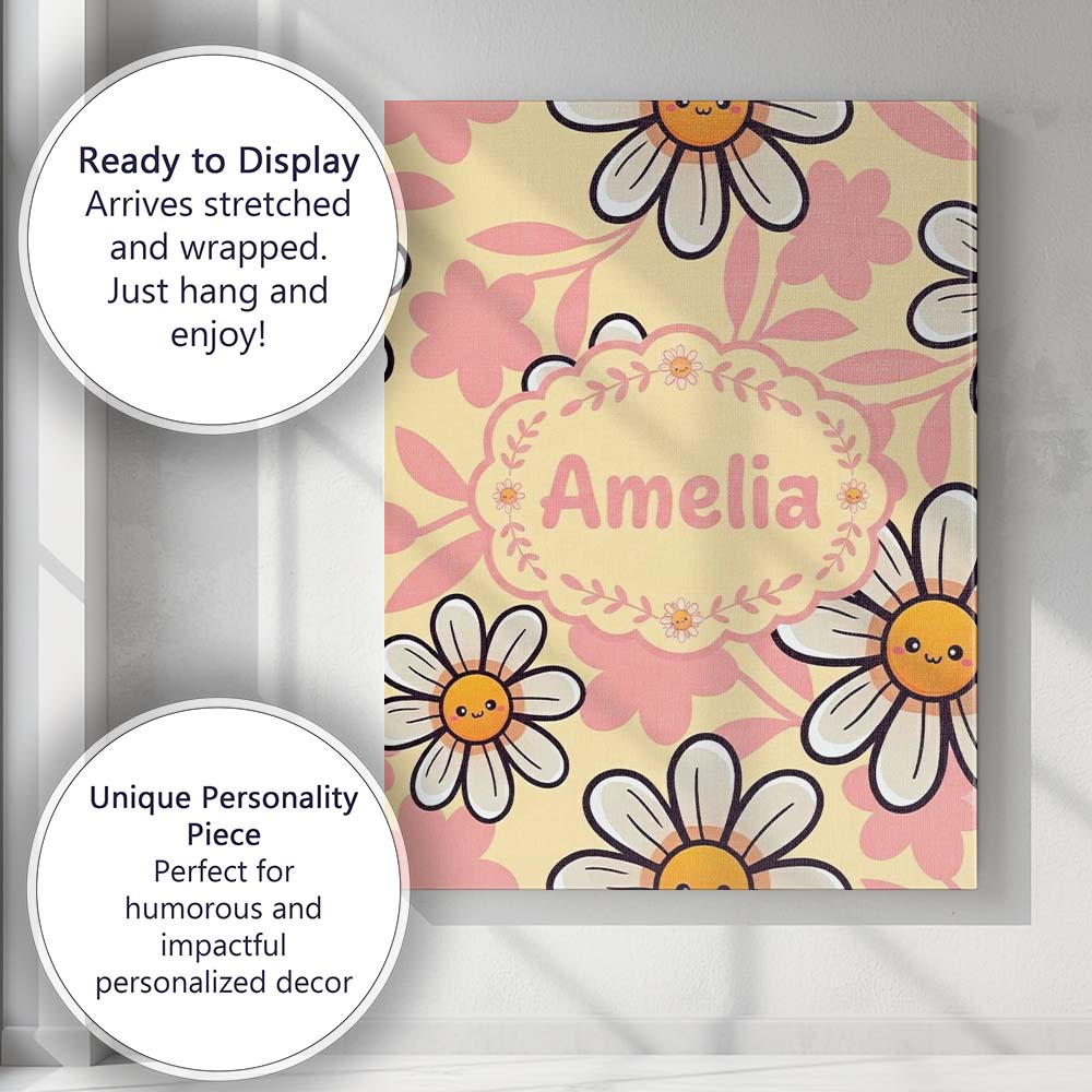 Personalised Name Cute Kawaii Daisy Flowers Custom Bespoke Interior Contemporary Canvas Wall Art Print Decor Picture Ready to Hang