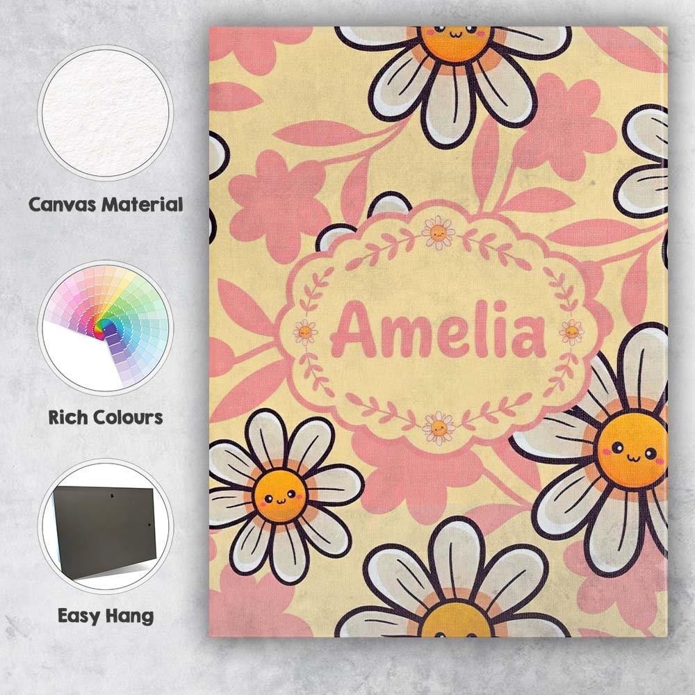 Personalised Name Cute Kawaii Daisy Flowers Custom Bespoke Interior Contemporary Canvas Wall Art Print Decor Picture Ready to Hang