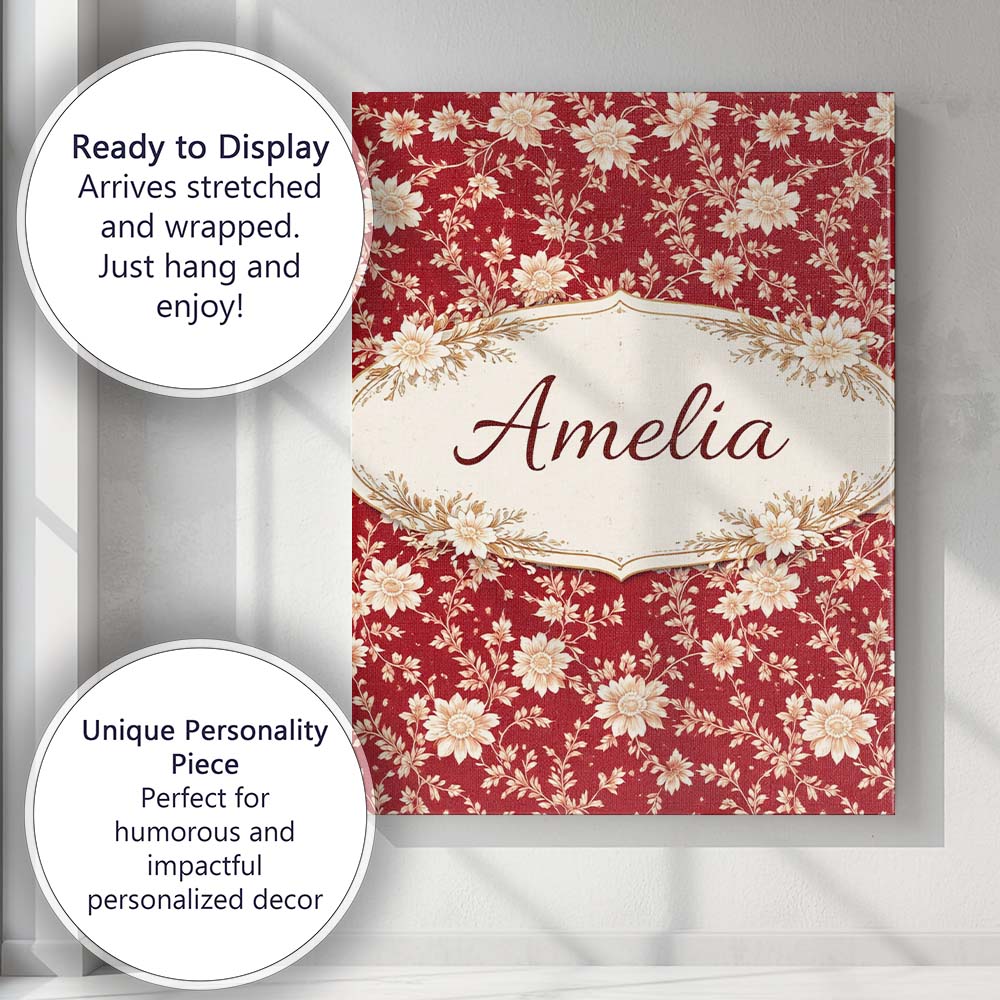 Personalised Name Classic Red and Cream Floral Seamless Pattern Custom Statement Canvas Wall Art Print Decor Picture Ready to Hang