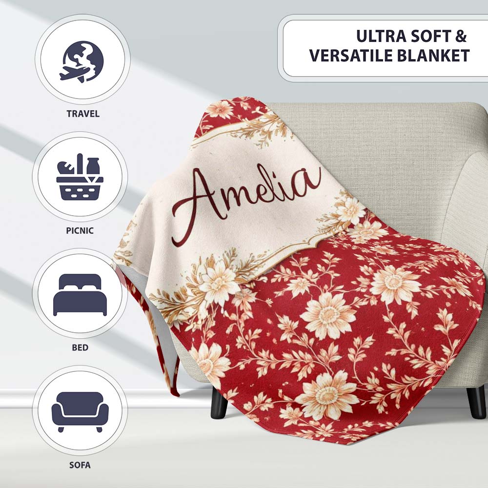 Classic Red and Cream Floral Seamless Pattern Stylish Everyday Personalised Custom Name Super Soft Fleece Blanket Bed Sofa Throw