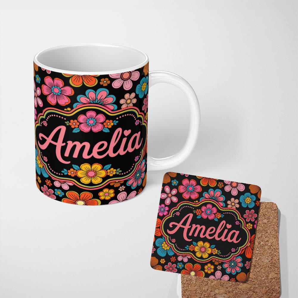 Personalized Custom Name Cute Multicolor Floral Bloom Black Background Seamless Pattern 11oz Ceramic Coffee Tea Mug White Large Handle