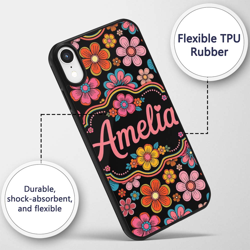 Cute Multicolor Floral Bloom Black Background Custom Name Protective Phone Case Mobile Cover Durable Everyday Smartphone Shock Resistant