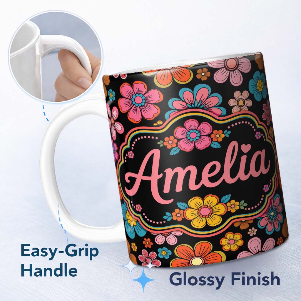Personalized Custom Name Cute Multicolor Floral Bloom Black Background Seamless Pattern 11oz Ceramic Coffee Tea Mug White Large Handle