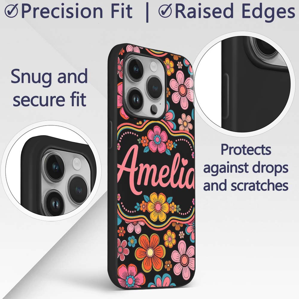 Cute Multicolor Floral Bloom Black Background Custom Name Protective Phone Case Mobile Cover Durable Everyday Smartphone Shock Resistant