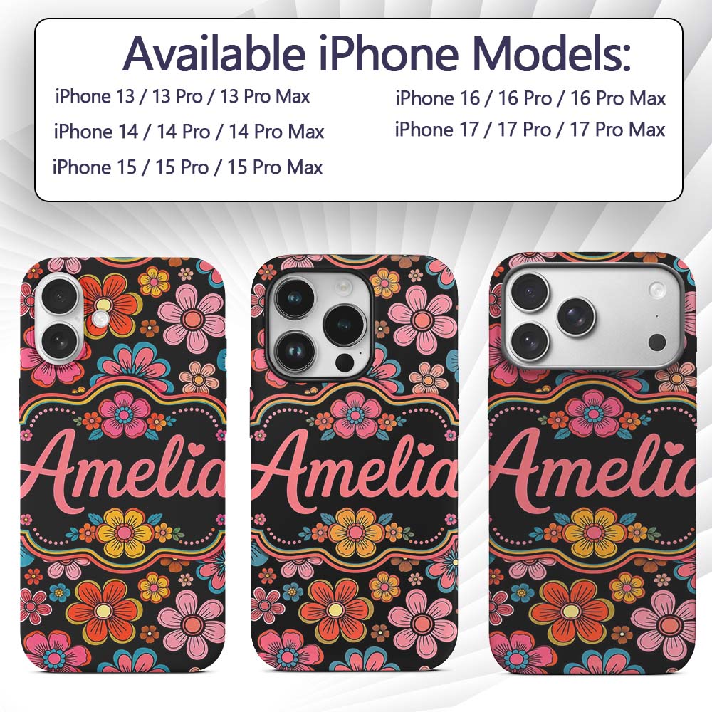Cute Multicolor Floral Bloom Black Background Custom Name Protective Phone Case Mobile Cover Durable Everyday Smartphone Shock Resistant