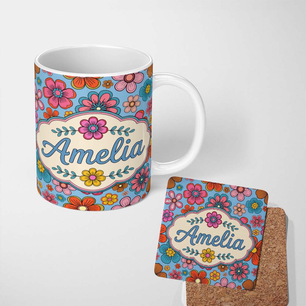 Personalized Custom Name Cute Multicolor Floral Bloom Blue Background Seamless Pattern Name 11oz Ceramic Coffee Tea Mug White Large Handle