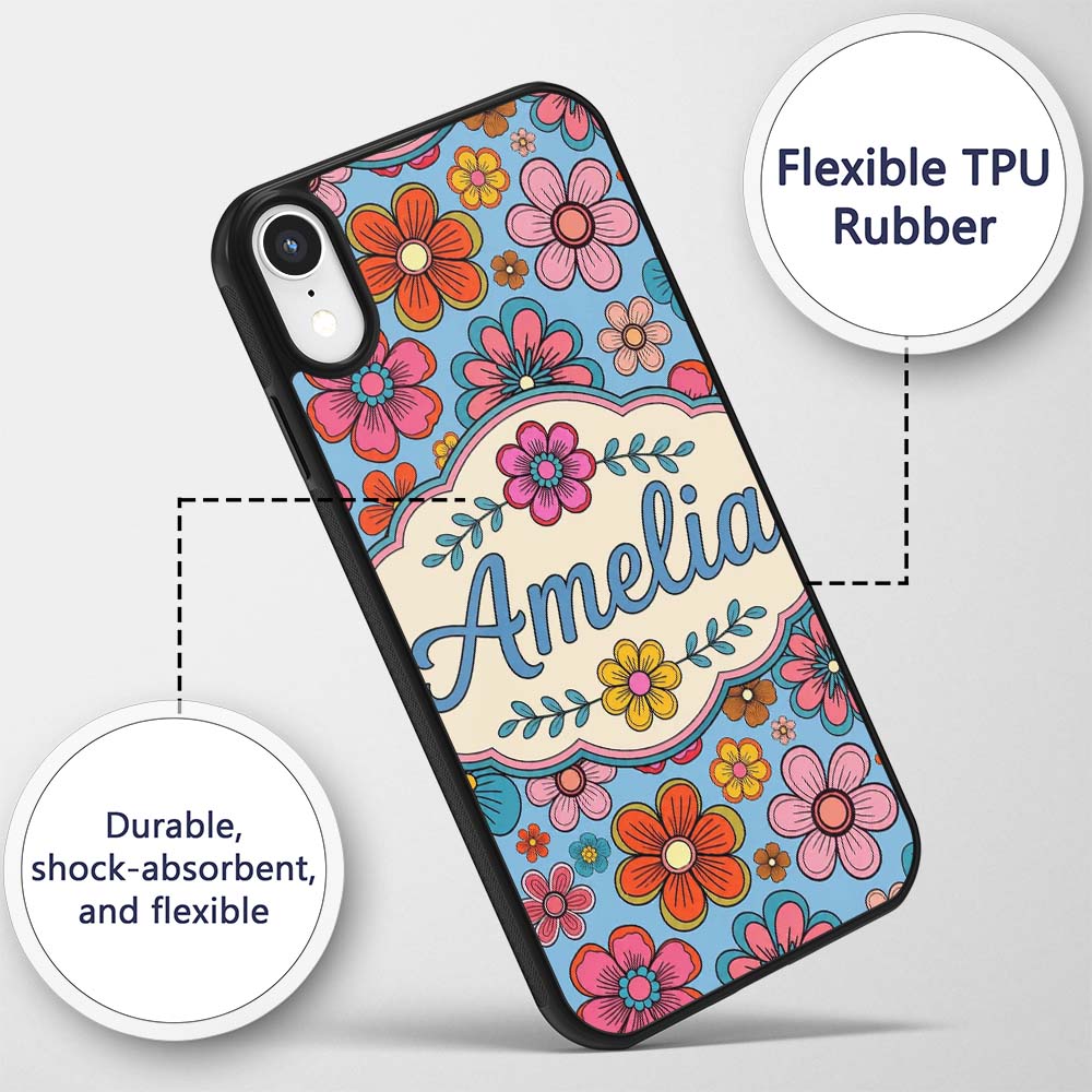 Cute Multicolor Floral Bloom Blue Background Custom Name Protective Phone Case Mobile Cover Durable Everyday Smartphone Shock Resistant