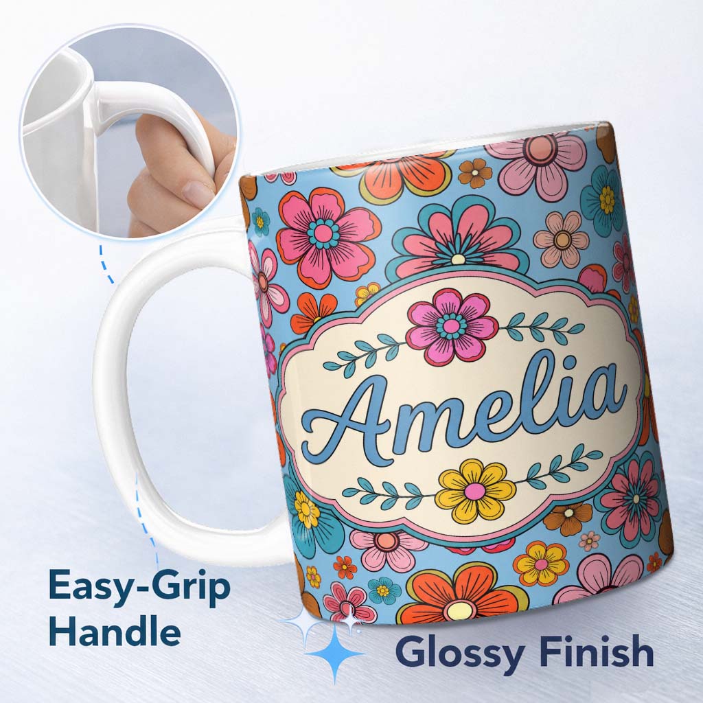 Personalized Custom Name Cute Multicolor Floral Bloom Blue Background Seamless Pattern Name 11oz Ceramic Coffee Tea Mug White Large Handle