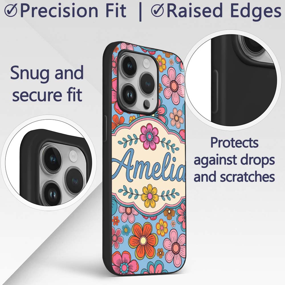 Cute Multicolor Floral Bloom Blue Background Custom Name Protective Phone Case Mobile Cover Durable Everyday Smartphone Shock Resistant