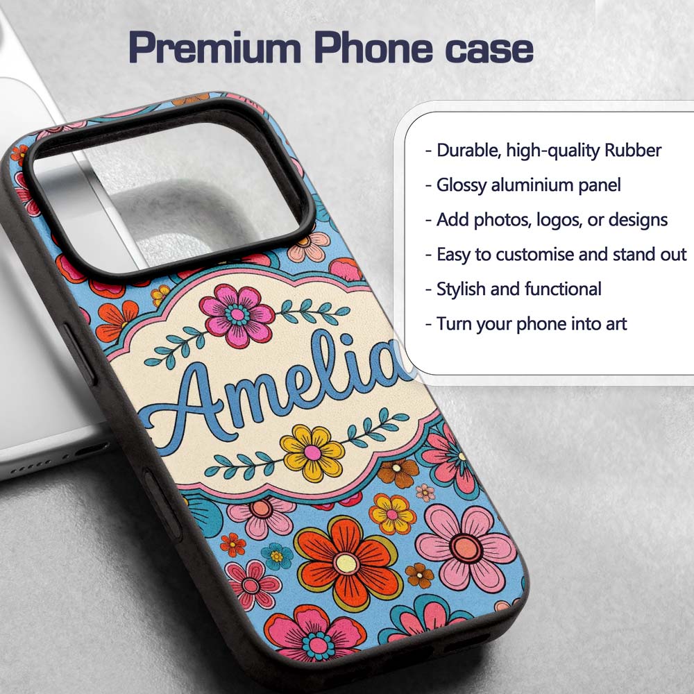 Cute Multicolor Floral Bloom Blue Background Custom Name Protective Phone Case Mobile Cover Durable Everyday Smartphone Shock Resistant