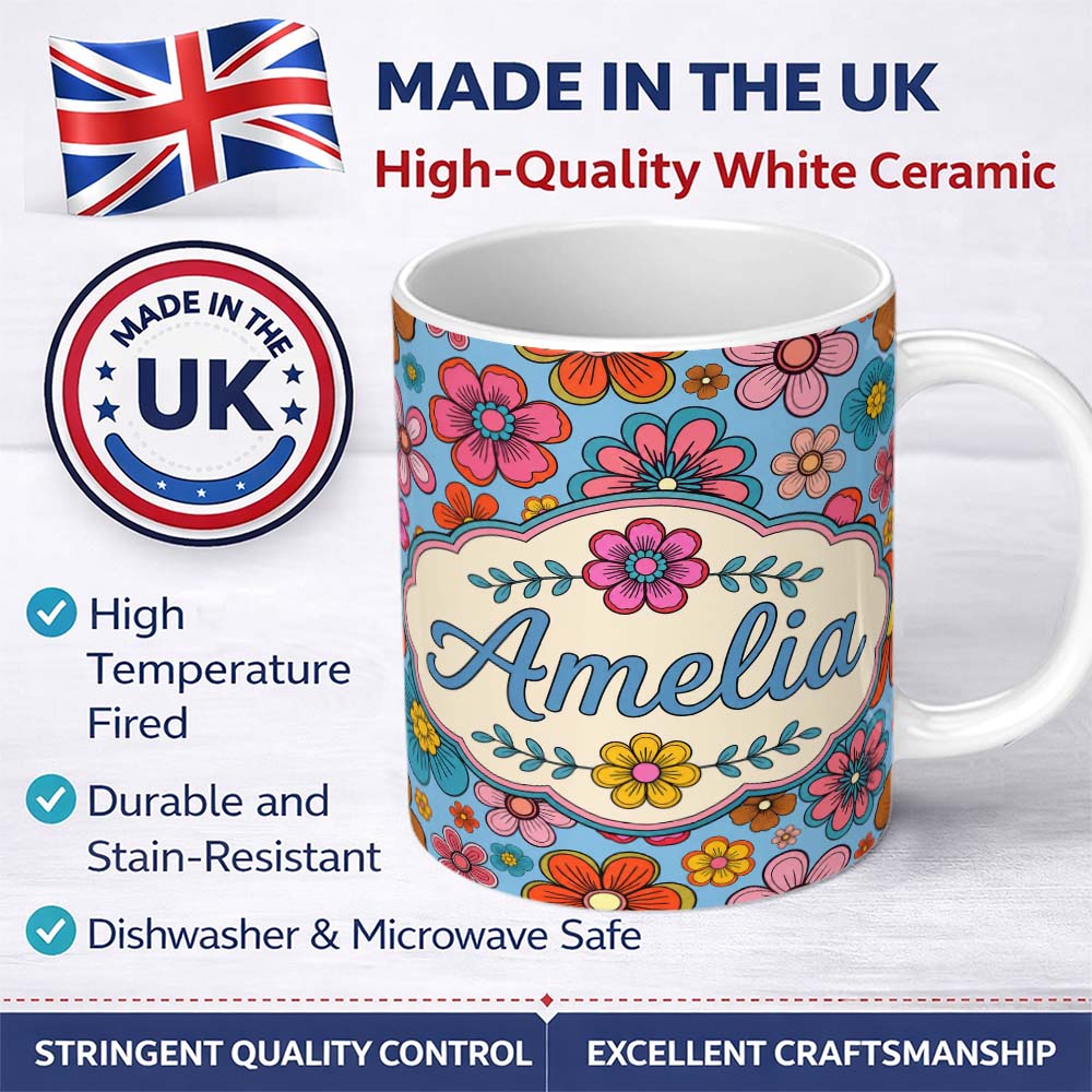 Personalized Custom Name Cute Multicolor Floral Bloom Blue Background Seamless Pattern Name 11oz Ceramic Coffee Tea Mug White Large Handle