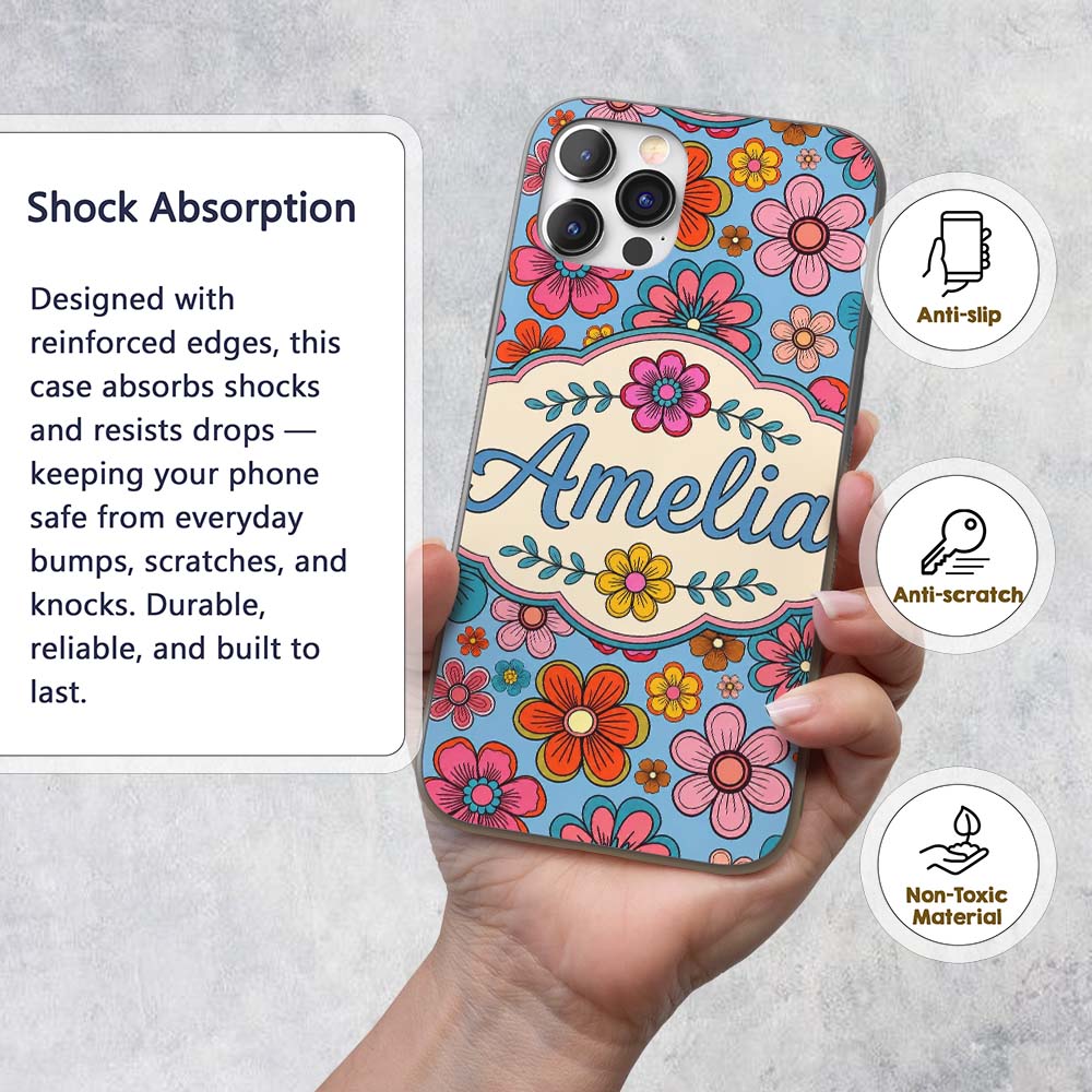 Cute Multicolor Floral Bloom Blue Background Custom Name Protective Phone Case Mobile Cover Durable Everyday Smartphone Shock Resistant