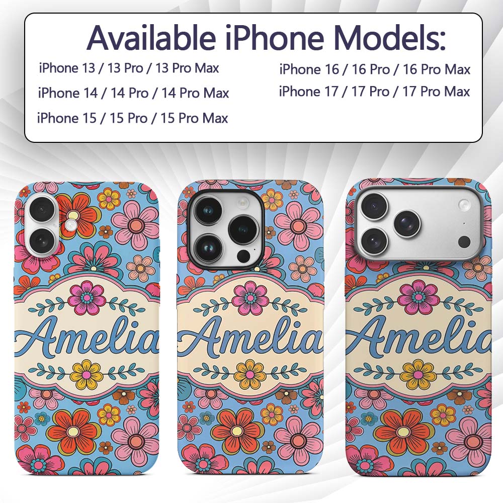 Cute Multicolor Floral Bloom Blue Background Custom Name Protective Phone Case Mobile Cover Durable Everyday Smartphone Shock Resistant
