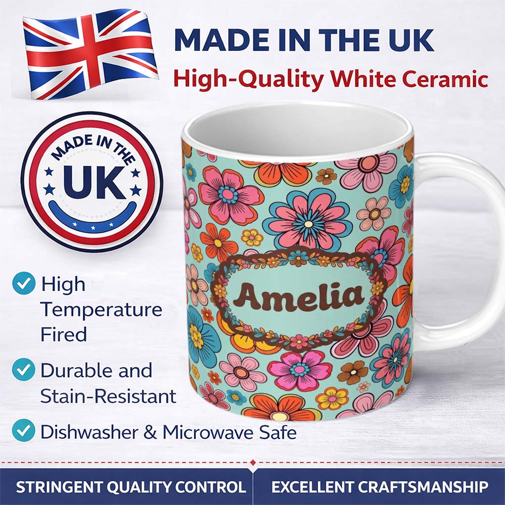 Personalized Custom Name Cute Multicolor Floral Bloom Mint Green Seamless Pattern Name 11oz Ceramic Coffee Tea Mug White Large Handle