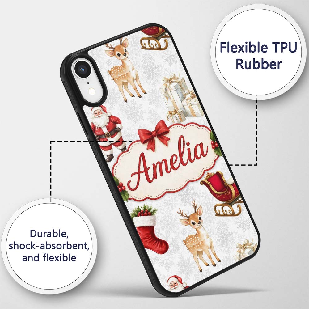 Cute Christmas Santa Reindeer Printed Design Custom Name Protective Phone Case Mobile Cover Durable Everyday Smartphone Shock Resistant