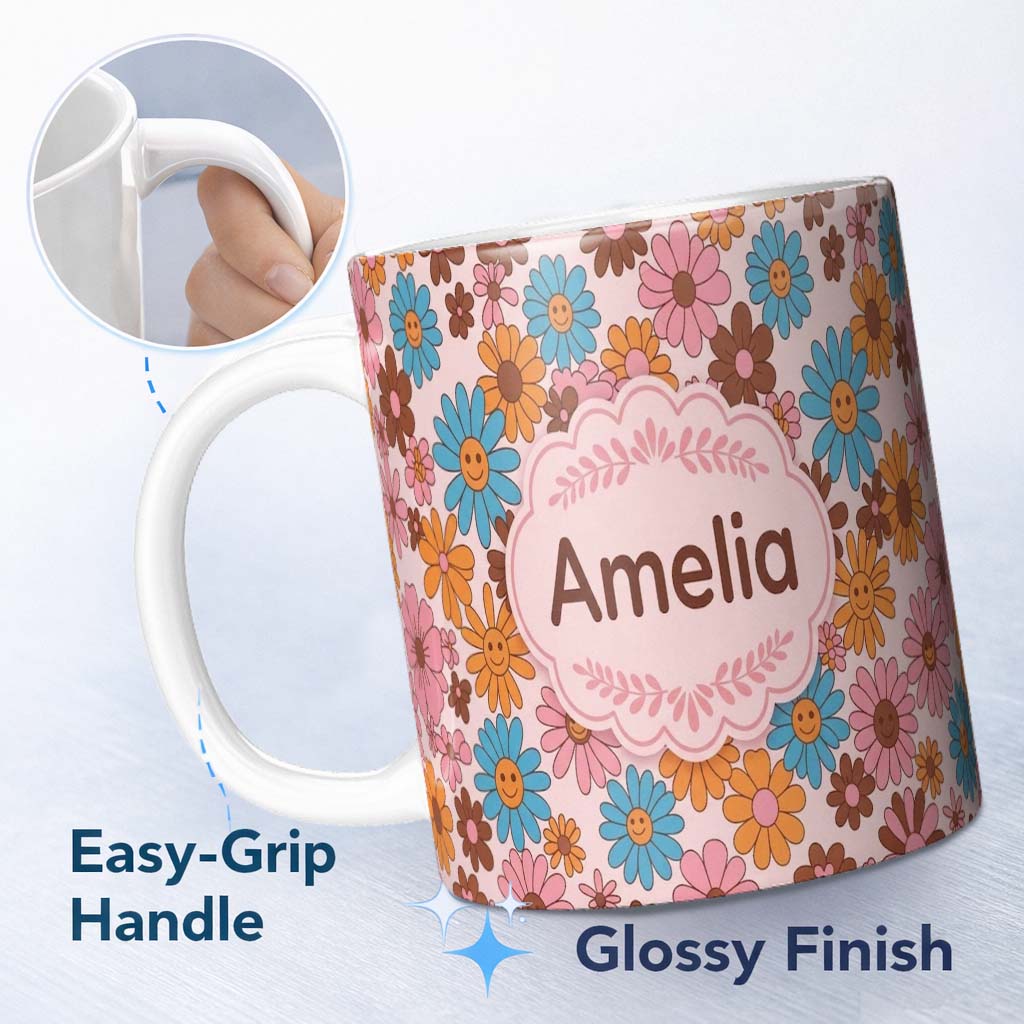 Personalized Custom Name Cute Multicolor Floral Bloom Soft Pink Seamless Pattern Name Unique 11oz Ceramic Coffee Tea Mug White Large Handle