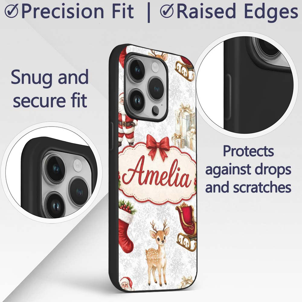 Cute Christmas Santa Reindeer Printed Design Custom Name Protective Phone Case Mobile Cover Durable Everyday Smartphone Shock Resistant